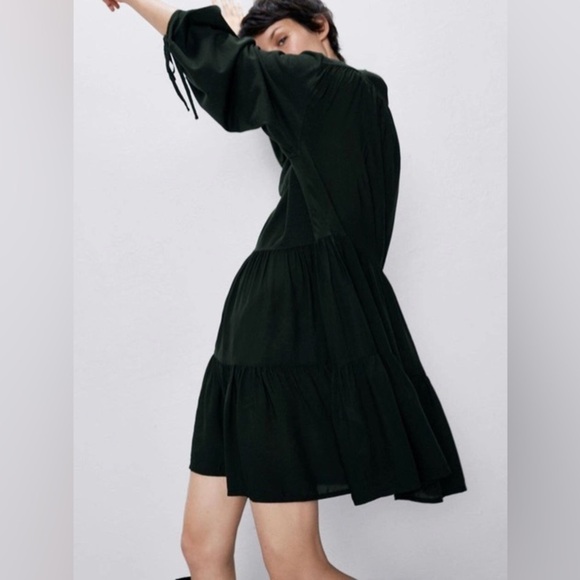 NWT ZARA Women’s Dark Hunter Green Relaxed Peasant Short‎ Dress Small S - Picture 4 of 13